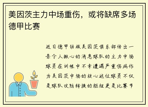 美因茨主力中场重伤，或将缺席多场德甲比赛