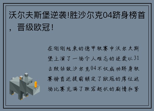 沃尔夫斯堡逆袭!胜沙尔克04跻身榜首，晋级欧冠！