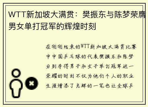 WTT新加坡大满贯：樊振东与陈梦荣膺男女单打冠军的辉煌时刻