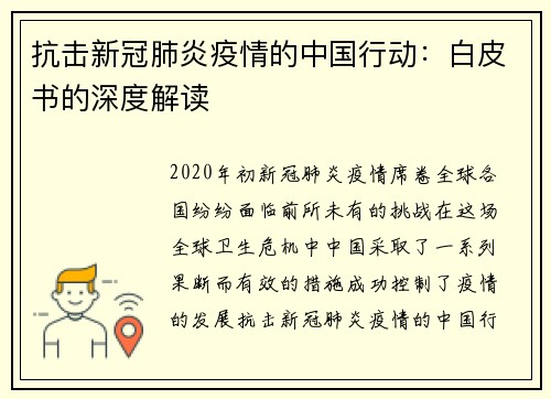 抗击新冠肺炎疫情的中国行动：白皮书的深度解读