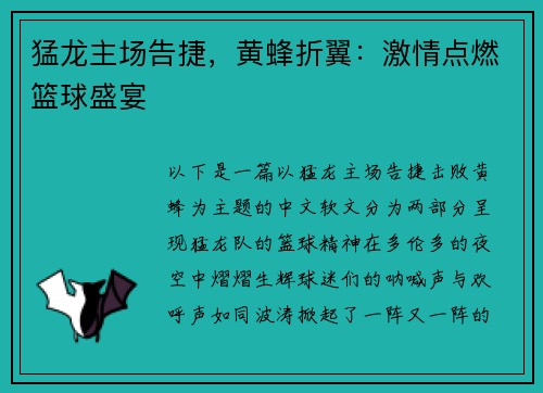 猛龙主场告捷，黄蜂折翼：激情点燃篮球盛宴