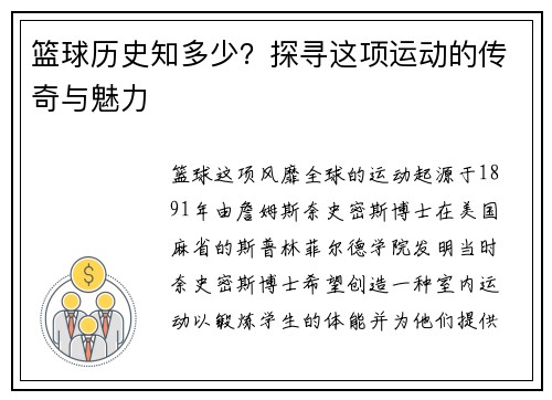 篮球历史知多少？探寻这项运动的传奇与魅力