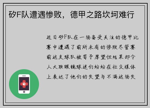 矽F队遭遇惨败，德甲之路坎坷难行