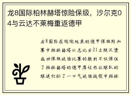 龙8国际柏林赫塔惊险保级，沙尔克04与云达不莱梅重返德甲