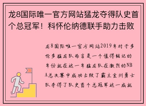 龙8国际唯一官方网站猛龙夺得队史首个总冠军！科怀伦纳德联手助力击败勇士