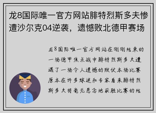 龙8国际唯一官方网站腓特烈斯多夫惨遭沙尔克04逆袭，遗憾败北德甲赛场