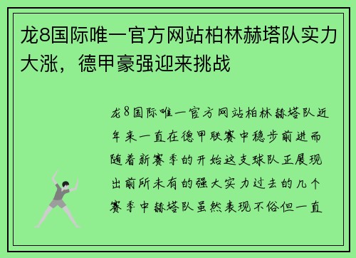 龙8国际唯一官方网站柏林赫塔队实力大涨，德甲豪强迎来挑战
