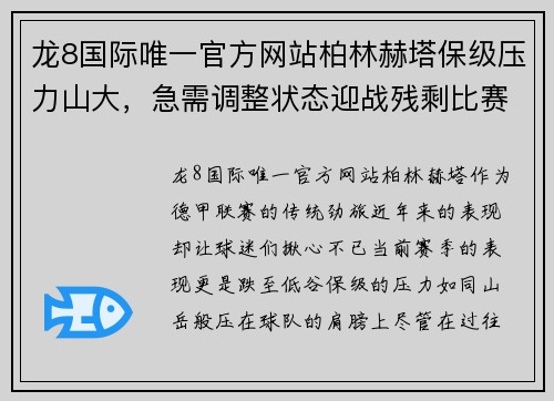 龙8国际唯一官方网站柏林赫塔保级压力山大，急需调整状态迎战残剩比赛