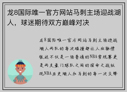 龙8国际唯一官方网站马刺主场迎战湖人，球迷期待双方巅峰对决