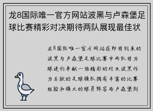 龙8国际唯一官方网站波黑与卢森堡足球比赛精彩对决期待两队展现最佳状态