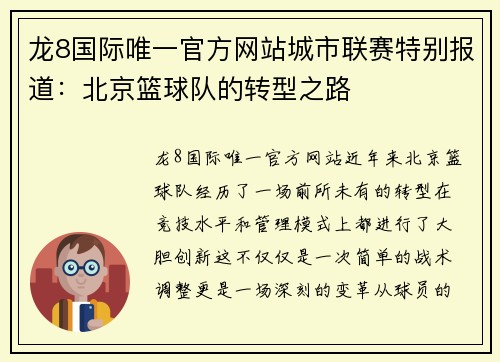 龙8国际唯一官方网站城市联赛特别报道：北京篮球队的转型之路
