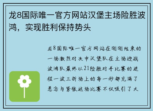 龙8国际唯一官方网站汉堡主场险胜波鸿，实现胜利保持势头