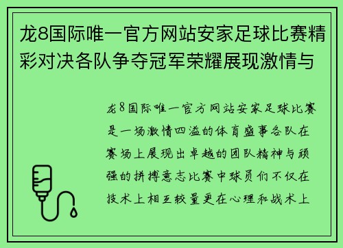 龙8国际唯一官方网站安家足球比赛精彩对决各队争夺冠军荣耀展现激情与团队精神